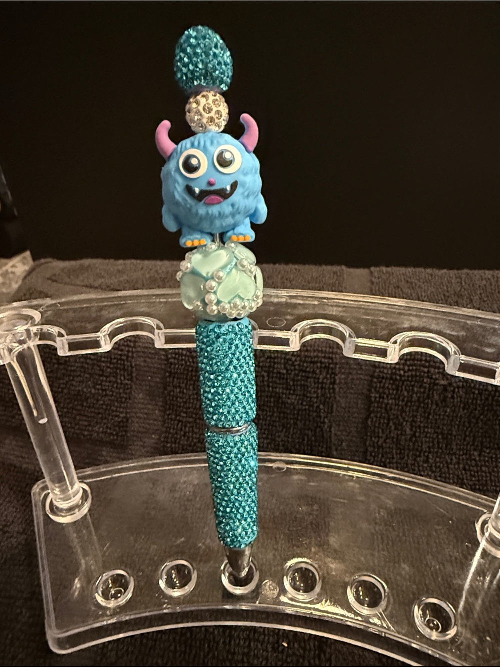 Handcrafted Blue Glitter Monster Ballpoint Pen with Decorative Topper